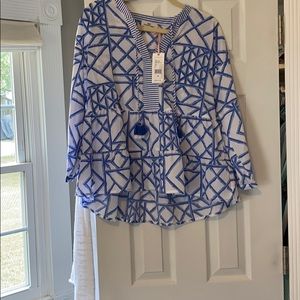Vineyard Vines Blue and white tassel blouse M